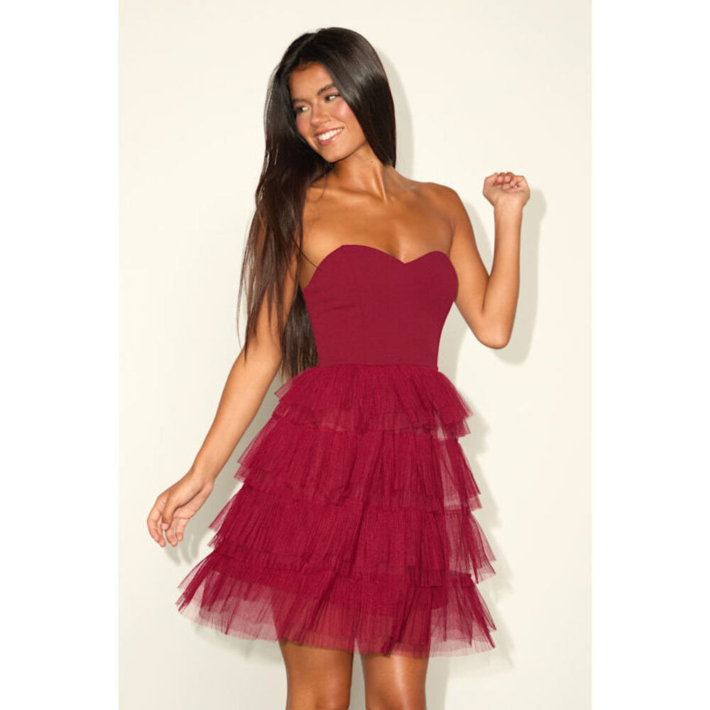 Lulus Fabulous Thoughts Wine Red Tulle Strapless Tiered Mini Dress - Size XXL